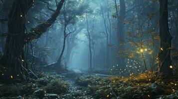 ai généré magique fantaisie Fée conte paysage, nuit dans une forêt. photo