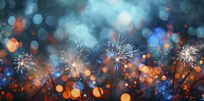 ai généré feux d'artifice Contexte avec bleu bokeh lumière et feux d'artifice photo