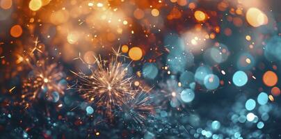 ai généré feux d'artifice Contexte avec bleu bokeh lumière et feux d'artifice photo