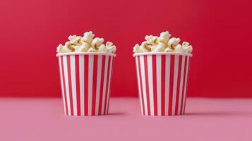 ai généré papier rayé seau avec pop corn sur rouge Contexte photo