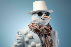 ai généré portrait de bonhomme de neige dans le à la mode vêtements dans studio photo