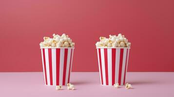 ai généré papier rayé seau avec pop corn sur rouge Contexte photo