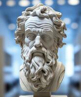 ai généré tête de philosophe socrate sur afficher dans une musée photo