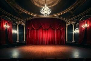 ai généré vide étape avec rouge théâtre rideau. concept pour performance, montrer, concert, théâtre. génératif ai photo