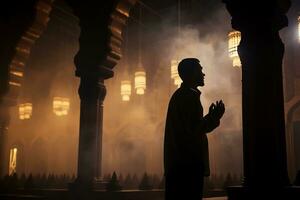 ai généré silhouette musulman homme prier n le mosquée photo