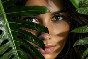 ai généré fermer coup de une magnifique Jeune femme visage couvert avec feuilles génératif ai photo