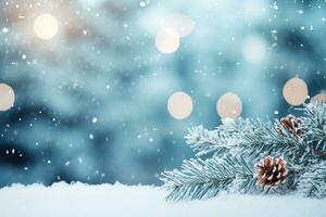 ai généré confortable hiver Noël scène avec neige et décoratif cônes copie espace. photo