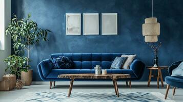 ai généré vivant pièce intérieur conception avec canapé minimal esthétique lumière bleu velours 3d rendu photo