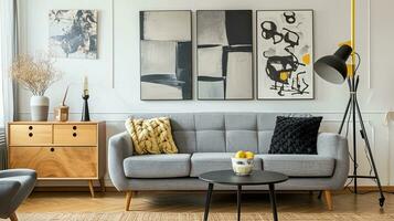 ai généré vivant pièce intérieur conception avec canapé minimal esthétique 3d rendu photo