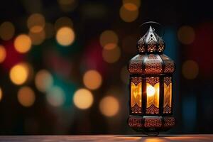 ai généré eid décoratif traditionnel les lampes sur bokeh Contexte sur en bois table photo