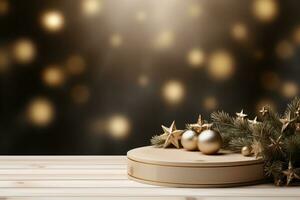 ai généré Noël thème en bois podium piédestal ou Plate-forme Contexte avec bokeh lumière et pin arbre photo