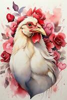 ai généré l poule Contexte avec rose fleurs aquarelle graphique photo