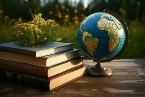 ai généré globe et livres une symbole de global connaissance et éducation ai généré photo