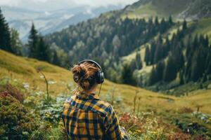 ai généré retour vue femme dans écouteurs écoute la musique dans le montagnes. photo