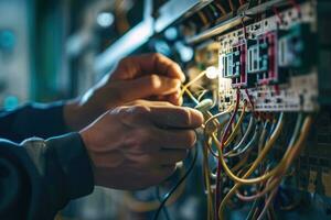 ai généré proche en haut détail de un électricien mains travail avec fils et fusible commutateur boîte. photo