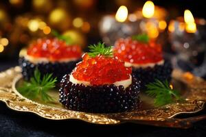 ai généré noir et rouge poisson caviar. canapés avec caviar photo