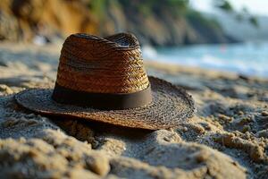 ai généré paille chapeau sur le le sable plage professionnel la photographie photo