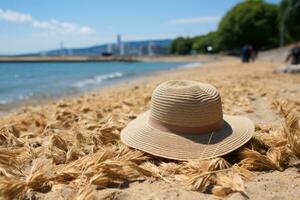 ai généré paille chapeau sur le le sable plage professionnel la photographie photo