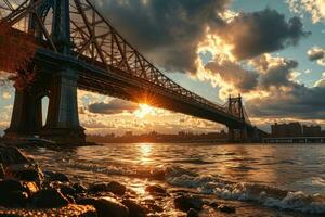 ai généré d'or heure photo de le pont avec spectaculaire éclairage professionnel la photographie