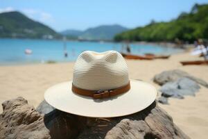 ai généré paille chapeau sur le le sable plage professionnel la photographie photo