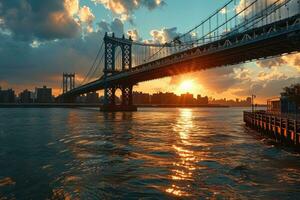 ai généré d'or heure photo de le pont avec spectaculaire éclairage professionnel la photographie