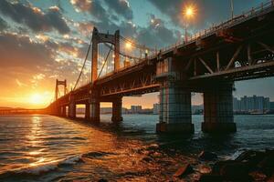 ai généré d'or heure photo de le pont avec spectaculaire éclairage professionnel la photographie