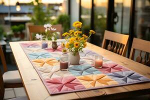 ai généré une table avec une vase de fleurs sur il décoré avec été ornements photo