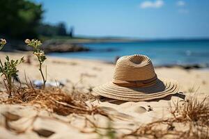 ai généré paille chapeau sur le le sable plage professionnel la photographie photo