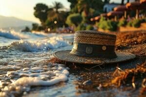 ai généré paille chapeau sur le le sable plage professionnel la photographie photo