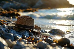 ai généré paille chapeau sur le le sable plage professionnel la photographie photo