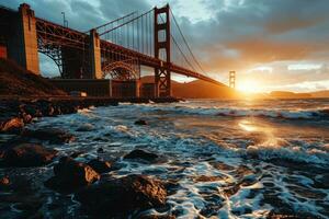 ai généré d'or heure photo de le pont avec spectaculaire éclairage professionnel la photographie