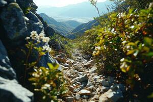 ai généré Haut de le Montagne randonnée professionnel la photographie photo