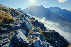 ai généré Haut de le Montagne randonnée professionnel la photographie photo