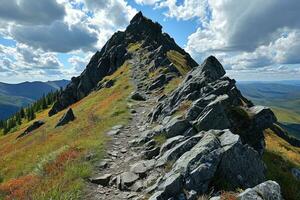 ai généré Haut de le Montagne randonnée professionnel la photographie photo