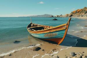 ai généré magnifique paysage marin plage océan avec coloré bateaux professionnel la photographie photo