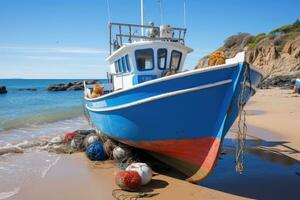 ai généré magnifique paysage marin plage océan avec coloré bateaux professionnel la photographie photo