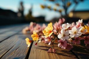 ai généré en bois table avec fleurs professionnel la photographie photo