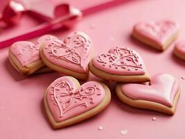 ai généré fermer cœur en forme de biscuits rose Contexte photo