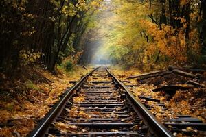 ai généré chemin de fer dans le l'automne forêt. chemin de fer dans le l'automne forêt, ai généré photo