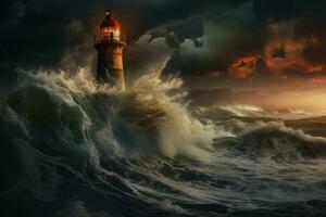 ai généré phare sur orageux mer à le coucher du soleil. 3d illustration, un vieux phare pendant une violent orage avec s'écraser vagues, ai généré photo