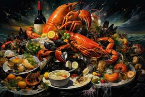 ai généré homard, crevettes, moules et crevettes sur en bois arrière-plan, une le banquet de Fruit de mer comprenant Crabes, moules et crevette, ai généré photo