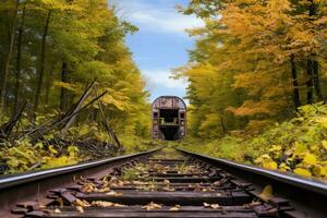 ai généré chemin de fer des pistes dans le l'automne forêt. l'automne paysage avec Jaune feuilles, ai généré photo