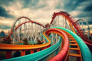 ai généré amusement parc avec montagnes russes et bleu ciel. 3d rendre, ai généré photo