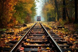 ai généré chemin de fer des pistes dans l'automne forêt avec déchue Jaune feuilles et bleu ciel, ai généré photo