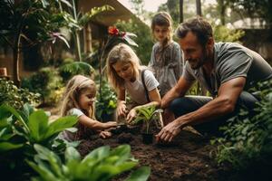 ai généré content famille dans le jardin. père, mère et fille sont plantation fleurs, une famille plantation une jardin dans leur cour, ai généré photo