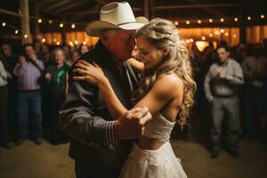 ai généré mariage couple dansant leur premier danse. la mariée et jeune marié dans cow-boy chapeau, une père fille Danse à une Grange mariage, ai généré photo