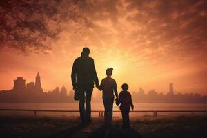 ai généré silhouette de une famille avec une enfant dans le ville à coucher de soleil, une famille de les immigrants à la recherche à le statue de liberté, ai généré photo