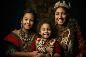 ai généré portrait de content africain américain famille, mère et deux filles, une famille de diverse des cultures embrassement leur traditions, ai généré photo