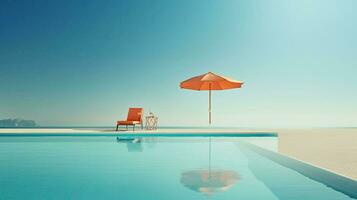 ai généré luxe recours avec plage et Soleil des lits, Soleil chaises longues et parapluie. photo