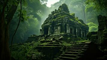 ai généré ruines de ancien ville dans jungle. vieux ruiné bâtiments dans forêt. archéologie et histoire. photo